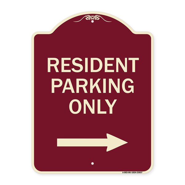 Reserved Parking Resident Parking W/ Right Arrow Heavy-Gauge Aluminum Sign, 24" x 18", BU-1824-23037